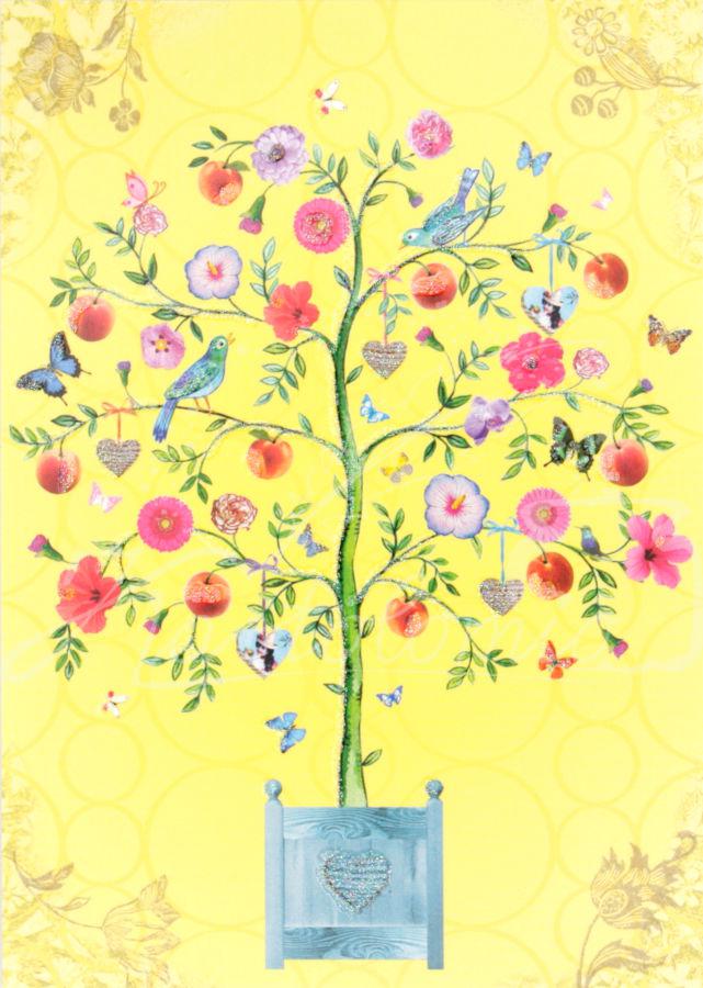 Apfelbaum mit Blüten und Vögeln
